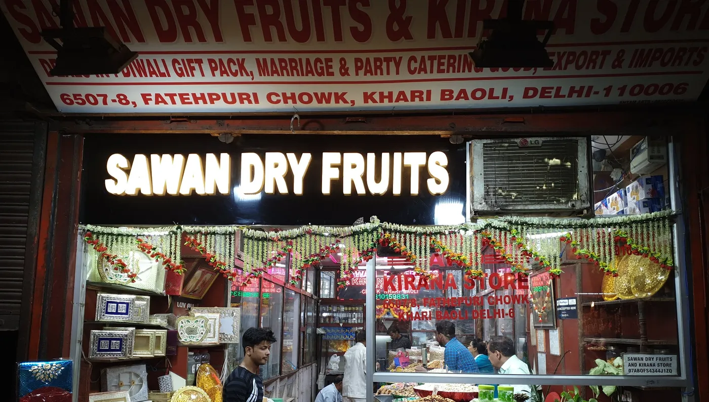The Sawan Dry Fruits shopfront in Khari Baoli, Delhi